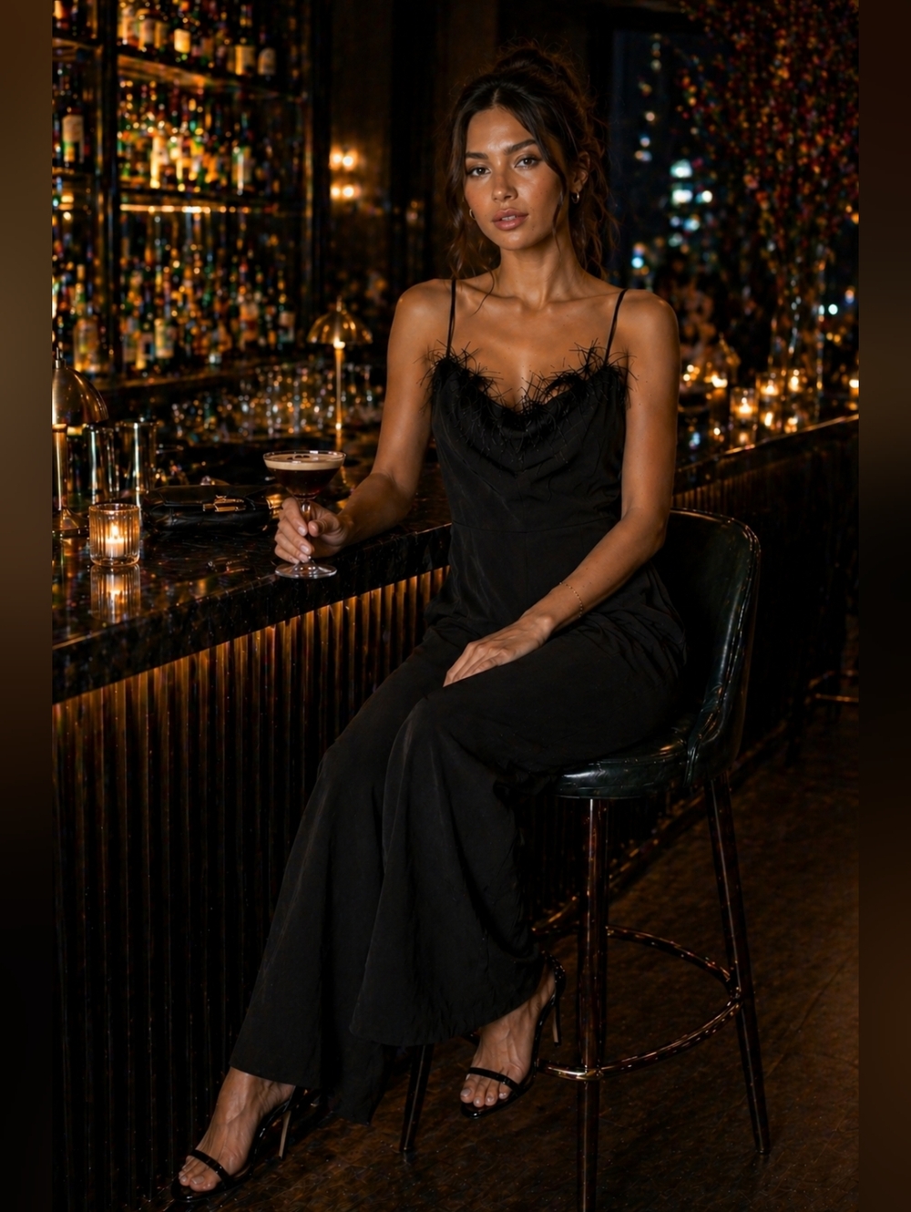 Sam Edelman Feather Trim Jumpsuit Black Wide Leg Evening Cocktail Chic 10
